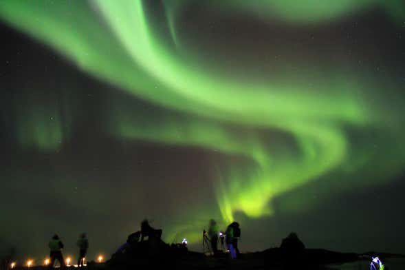 Paseo en moto de nieve bajo la aurora boreal